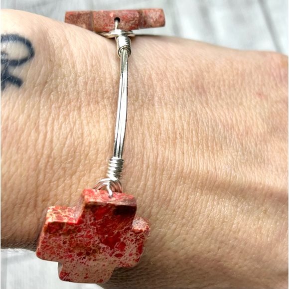 Artisan Stone Gem Bangle Wrist Bracelet Silver Toned Metal Wire Wrapped Handmade - Picture 5 of 10